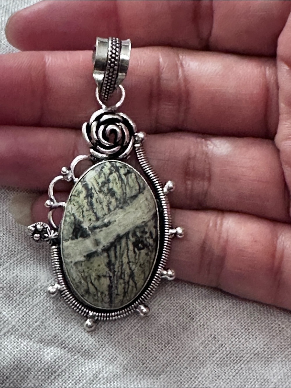Artisan Silver Oval Green Dendritic Jasper Pendant Necklace with Rose Motif - Picture 9 of 13